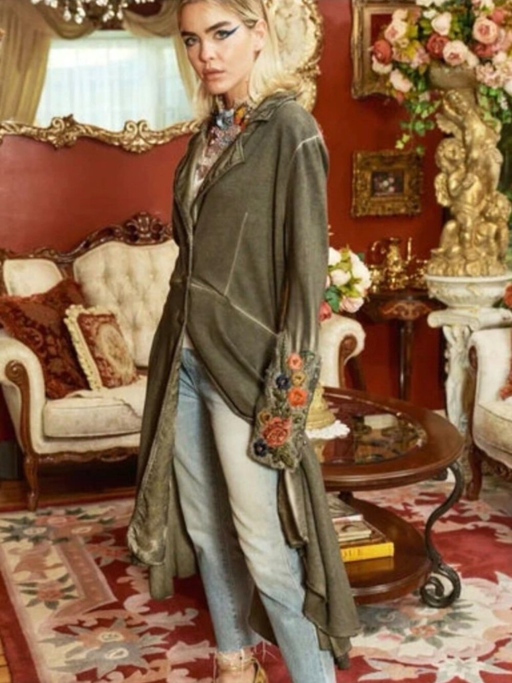 Aratta The Heart of Autumn Cotton Button-Down Floral Long Coat Green SZ S M L - Picture 4 of 10